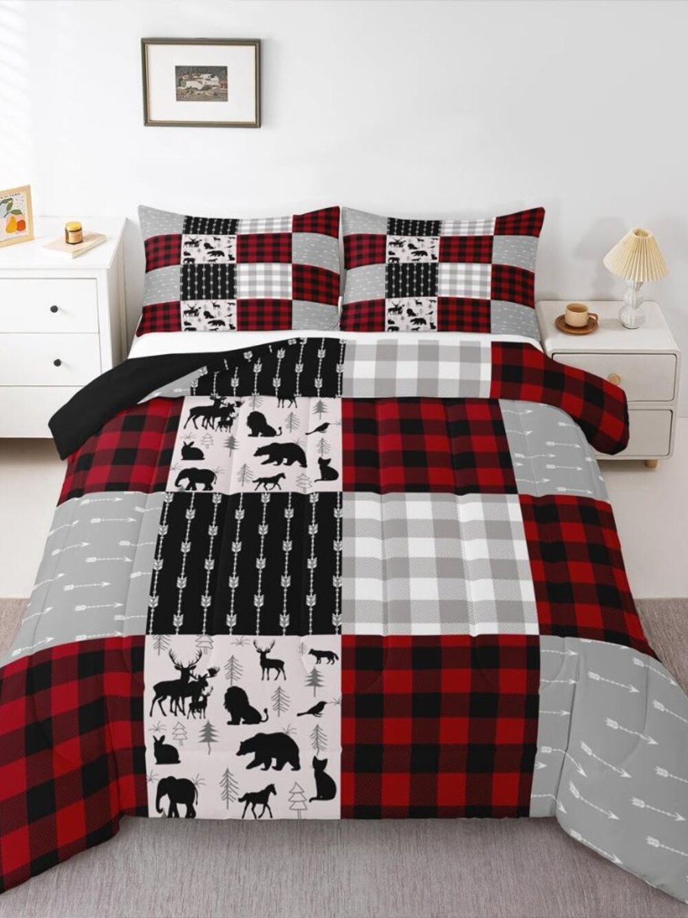 Buffalo Plaid Bedding Set For Boys Girls, Woodland Moose Duvet Sets Vintage